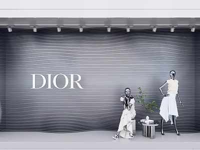 Dior Window Display With Striped Background Mannequins And Decorative Plant 3d model