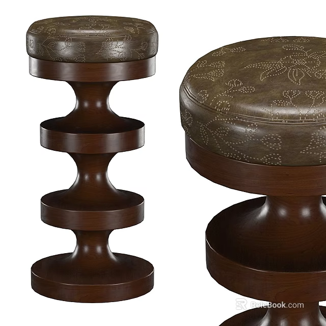 Wooden Bar Stools With Patterned Leather Seats And Spiral Bases 3d model 