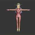 3D Female Character Creature In Red Suit With Hat And Arms Outstretched On Dark Background