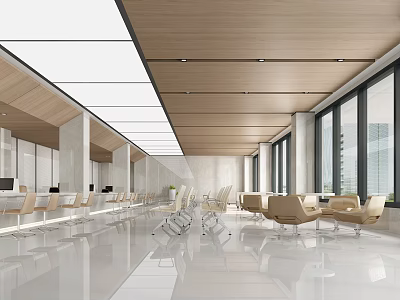 Modern Service Hall Interior With Wooden Ceiling Large Windows White Glossy Floor And Waiting Chairs 3d model