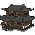 Ancient Chinese Architecture Two Story Wooden Structure With Traditional Roof Overhanging Eaves And Veranda Railings