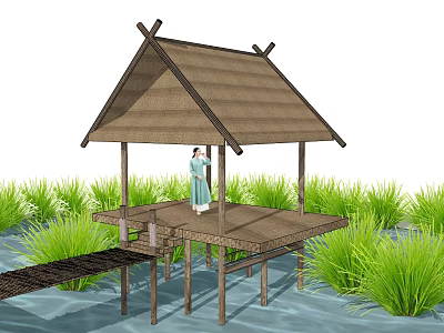 Traditional Pavilion With Thatch Roof On Wooden Platform By Water And Grass 3d model