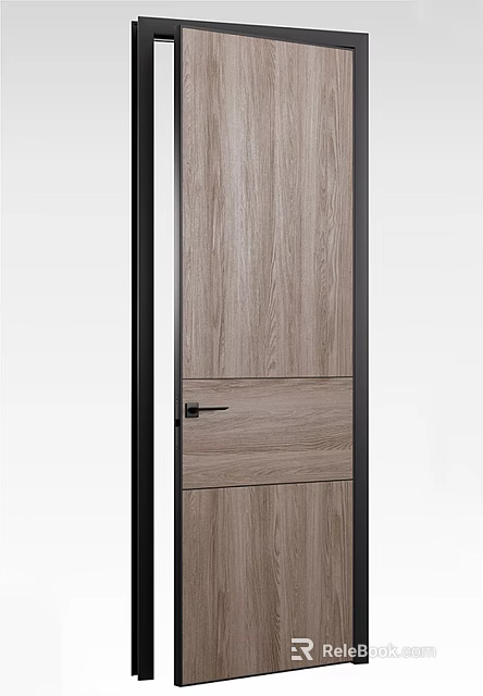 Modern Wooden Swing Door Featuring Natural Wood Grain And Black Frame Handle 3d model 