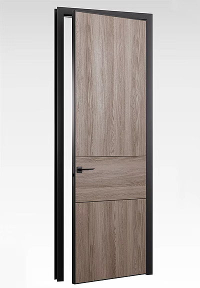 Modern Wooden Swing Door Featuring Natural Wood Grain And Black Frame Handle 3d model