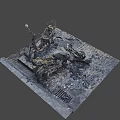 Burnt motorcycle with rusted parts and scattered ash and debris on outdoor ground