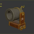 Detailed Vintage Cannon With Metal Barrel Red Wooden Base Wheels And Skull Symbol