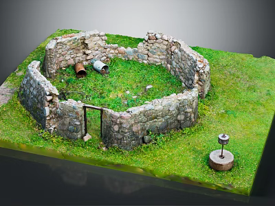 Circular Stone Wall Building Model With Grass Inside Door And Stone Well 3d model