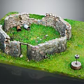 Circular Stone Wall Building Model With Grass Inside Door And Stone Well