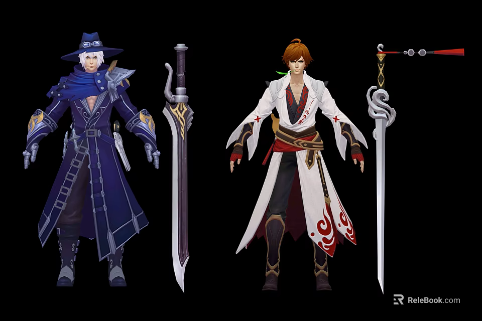 Two Hatted Blue Robe And Brown Haired White Red Robe Characters Holding Large Ornate Swords 3d model 