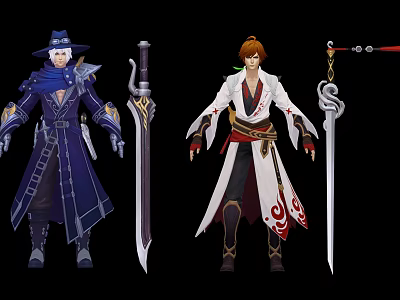 Two Hatted Blue Robe And Brown Haired White Red Robe Characters Holding Large Ornate Swords 3d model