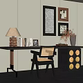 Modern Minimalist Desk Setup With Table Lamp Books Framed Photos Cane Chair And Vase