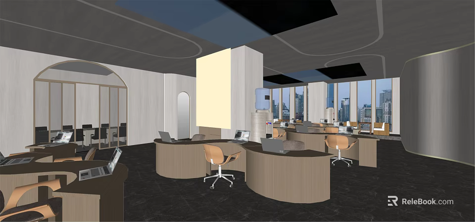 Open Plan Public Office Space With Round Workstations Ergonomic Chairs And City View Windows 3d model
