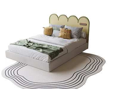 Kids Bed With Scalloped Headboard Soft Pillows Cozy Blanket And Wavy Rug 3d model