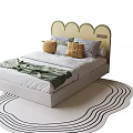 Kids Bed With Scalloped Headboard Soft Pillows Cozy Blanket And Wavy Rug