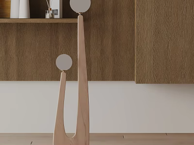 Modern Wooden Floor Lamp With Two Round Lampshades Against Wooden Wall And Light Floor 3d model