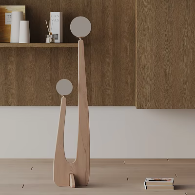 Modern Wooden Floor Lamp With Two Round Lampshades Against Wooden Wall And Light Floor 3d model