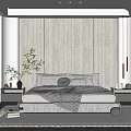 Modern Bedroom Interior With Wooden Accent Wall White Bed Green Plant And Pendant Lights