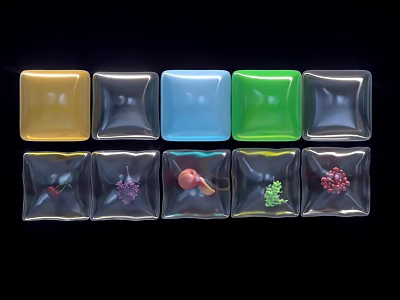 Decorative Ornament Set with Transparent Cubes Holding Various Colored Items Arranged in Two Rows 3d model