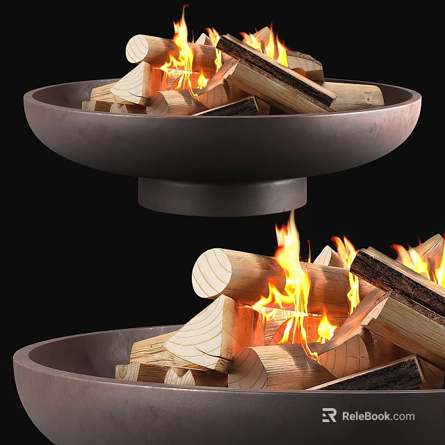 Modern Interior Bowl Shaped Fireplace With Burning Wood And Flames Design 3d model 