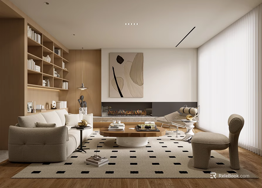 Contemporary Living Room Design Featuring Beige Sofa Bookshelves Fireplace Artwork And Checkered Rug 3d model 