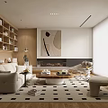 Contemporary Living Room Design Featuring Beige Sofa Bookshelves Fireplace Artwork And Checkered Rug