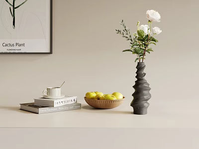 Decorative Ornament Set With Vase White Flowers Yellow Fruit Bowl Books Cup And Wall Art 3d model
