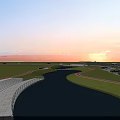 Scenic Park Landscape at Sunset with Curved River Green Lawns Bridge and Parked Cars