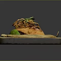 Fried Fish Served On Wooden Board With Fresh Vegetables And Flatbreads