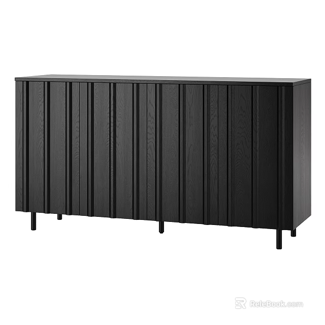 Modern Black Wooden Sideboard Design With Vertical Slat Doors And Tapered Legs 3d model 