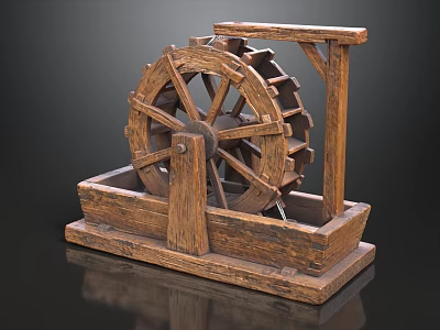 Vintage Wooden Water Wheel Model With Stand And Wheel On Black Surface 3d model