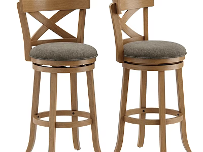 Rustic Solid Wood X Back Bar Stools With Comfortable Upholstered Swivel Seat For Home Kitchen 3d model