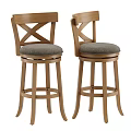 Rustic Solid Wood X Back Bar Stools With Comfortable Upholstered Swivel Seat For Home Kitchen