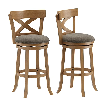 Rustic Solid Wood X Back Bar Stools With Comfortable Upholstered Swivel Seat For Home Kitchen 3d model
