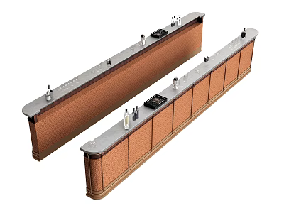 Long Brown Bar Counter With Gray Countertop And Small Bar Tools 3d model