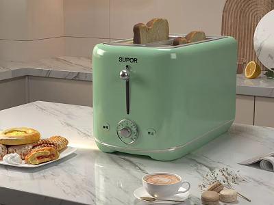 Green SUPOR Toaster On Kitchen Counter With Pastries And Coffee 3d model