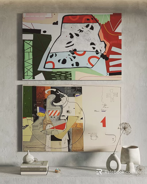 Two Modern Abstract Art Paintings Hanging On Wall With Colorful Patterns 3d model