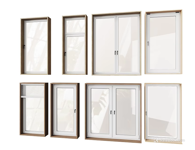 Various Casement Window Designs With Wooden Frames And Glass Panels For Home 3d model 