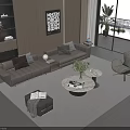 Modern Living Room Beige L-shaped Sofa and Round Coffee Table Set with Rug and Potted Plant