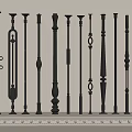 Black Decorative Balusters With Various Intricate Designs Displayed On Shelf 3d model