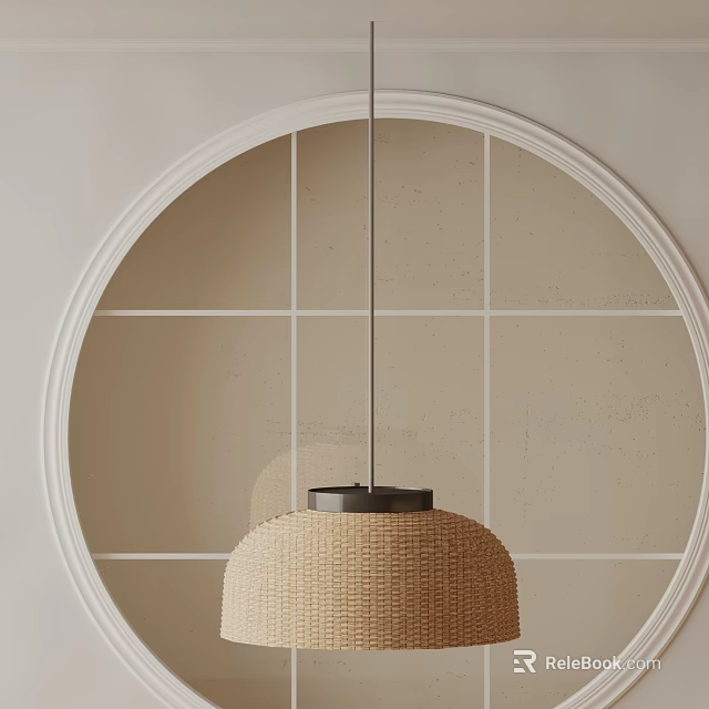 Woven Pendant Light With Black Base Against Circular White Frame And Light Colored Tiled Wall 3d model 