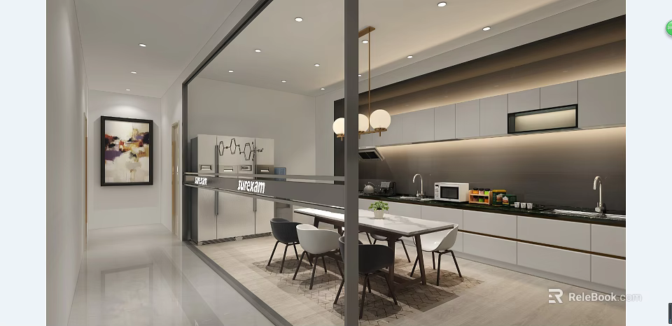 Modern Pantry Interior With Open Layout Cabinets Dining Table And Pendant Lights 3d model