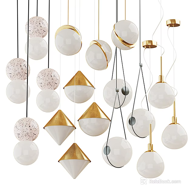 Elegant Modern Pendant Lights Design With Spherical Conical Textured Shapes And White Gold Accents 3d model 