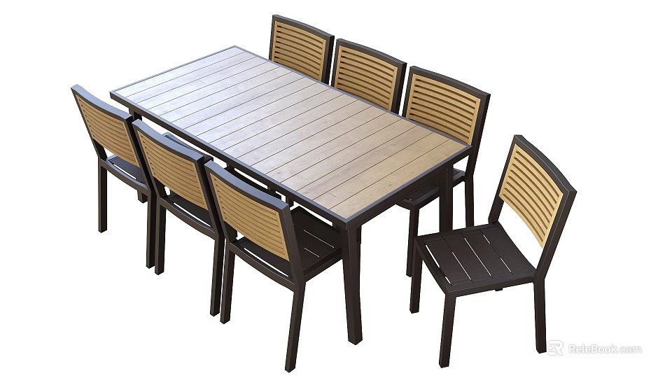 Rectangular Dining Table Set With Light Wood Grain Top And Six Slatted Back Dark Leg Chairs 3d model