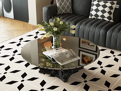 Black Base Round Glass Coffee Table with Vase White Flowers Magazine on Geometric Rug 3d model
