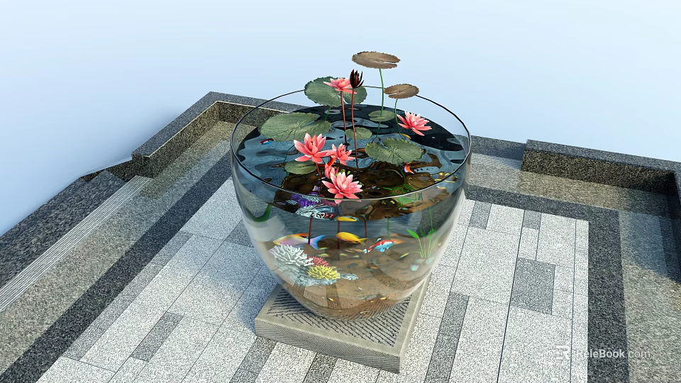 Round Fish Tank Featuring Pink Lotus Flowers Lily Pads And Colorful Fish On Tiled Floor 3d model 