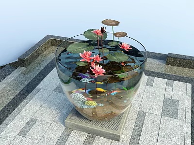 Round Fish Tank Featuring Pink Lotus Flowers Lily Pads And Colorful Fish On Tiled Floor 3d model