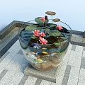 Round Fish Tank Featuring Pink Lotus Flowers Lily Pads And Colorful Fish On Tiled Floor