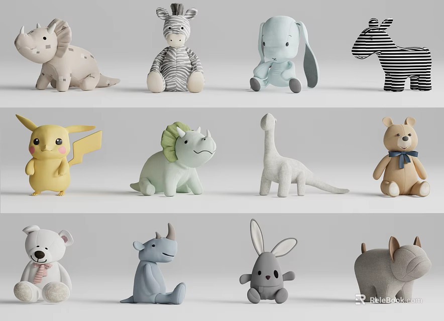 Cute Plush Toys With Various Animal Shapes And Soft Colorful Designs 3d model 