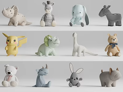 Cute Plush Toys With Various Animal Shapes And Soft Colorful Designs 3d model