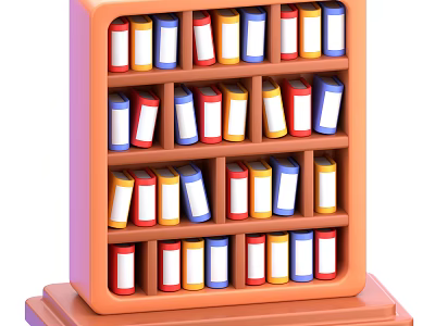 Orange Bookcase With Multiple Shelves Holding Neatly Arranged Red Yellow Blue White Books 3d model